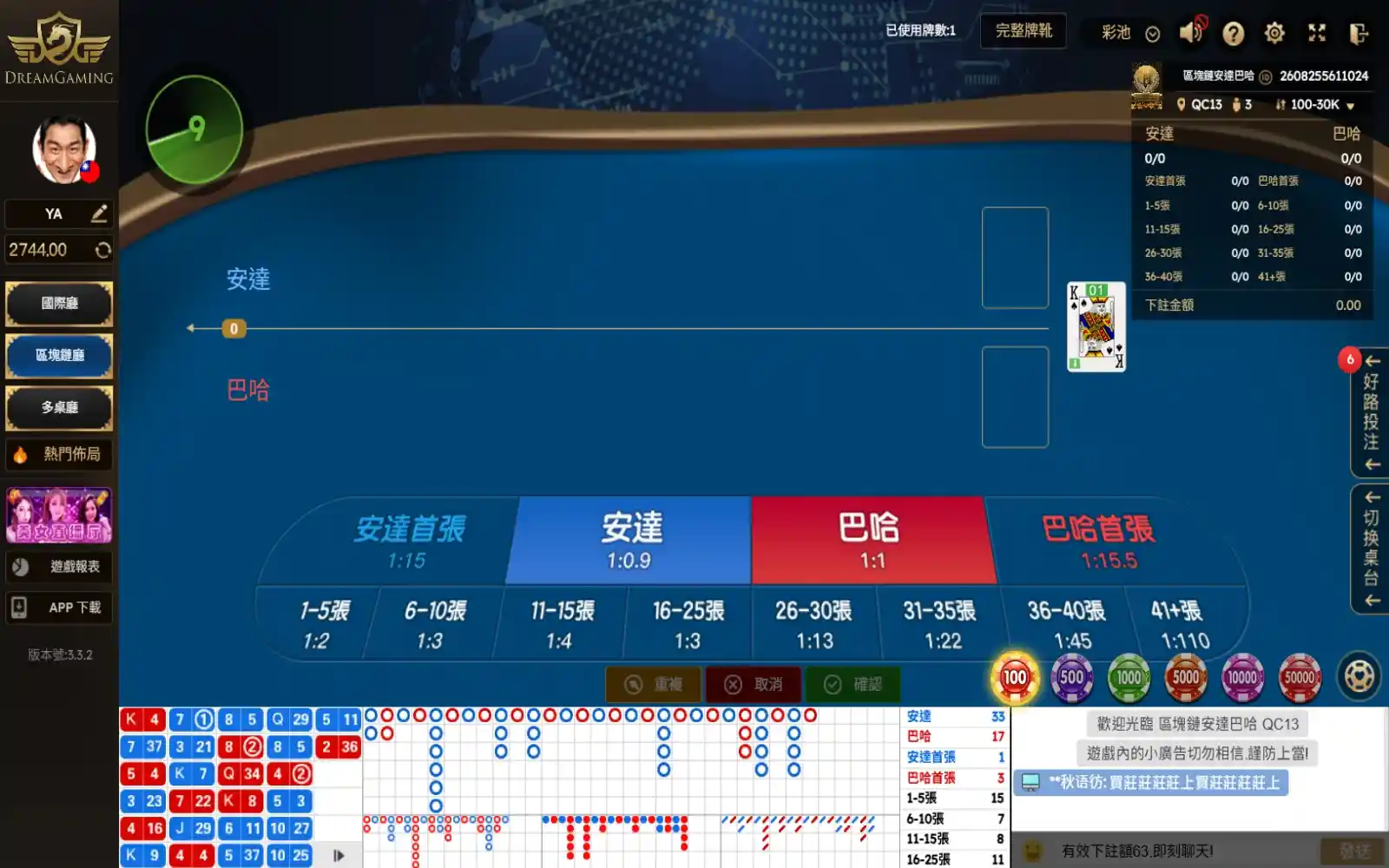 DG安達巴哈真人桌台與安達巴哈投注區