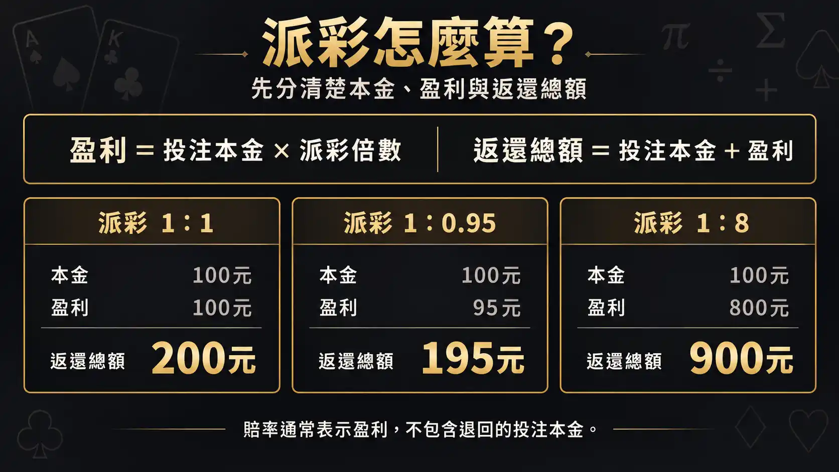 DG百家樂下注金額、盈利與含本金返還總額計算公式