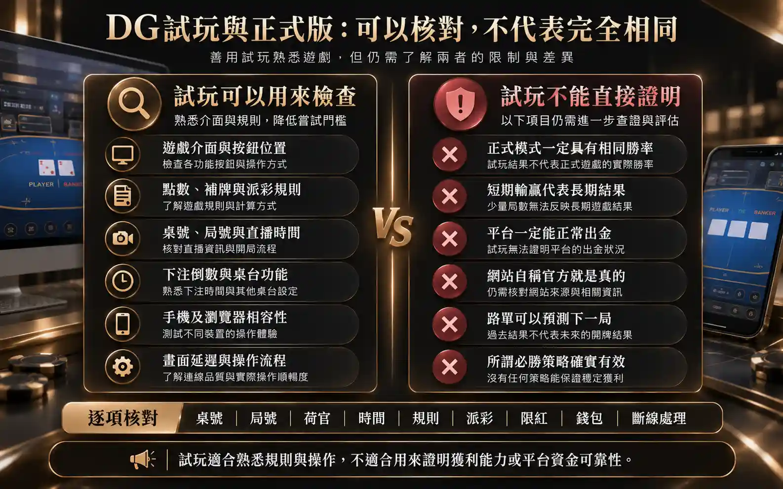 DG試玩可檢查的操作項目與不能證明的正式版結果比較